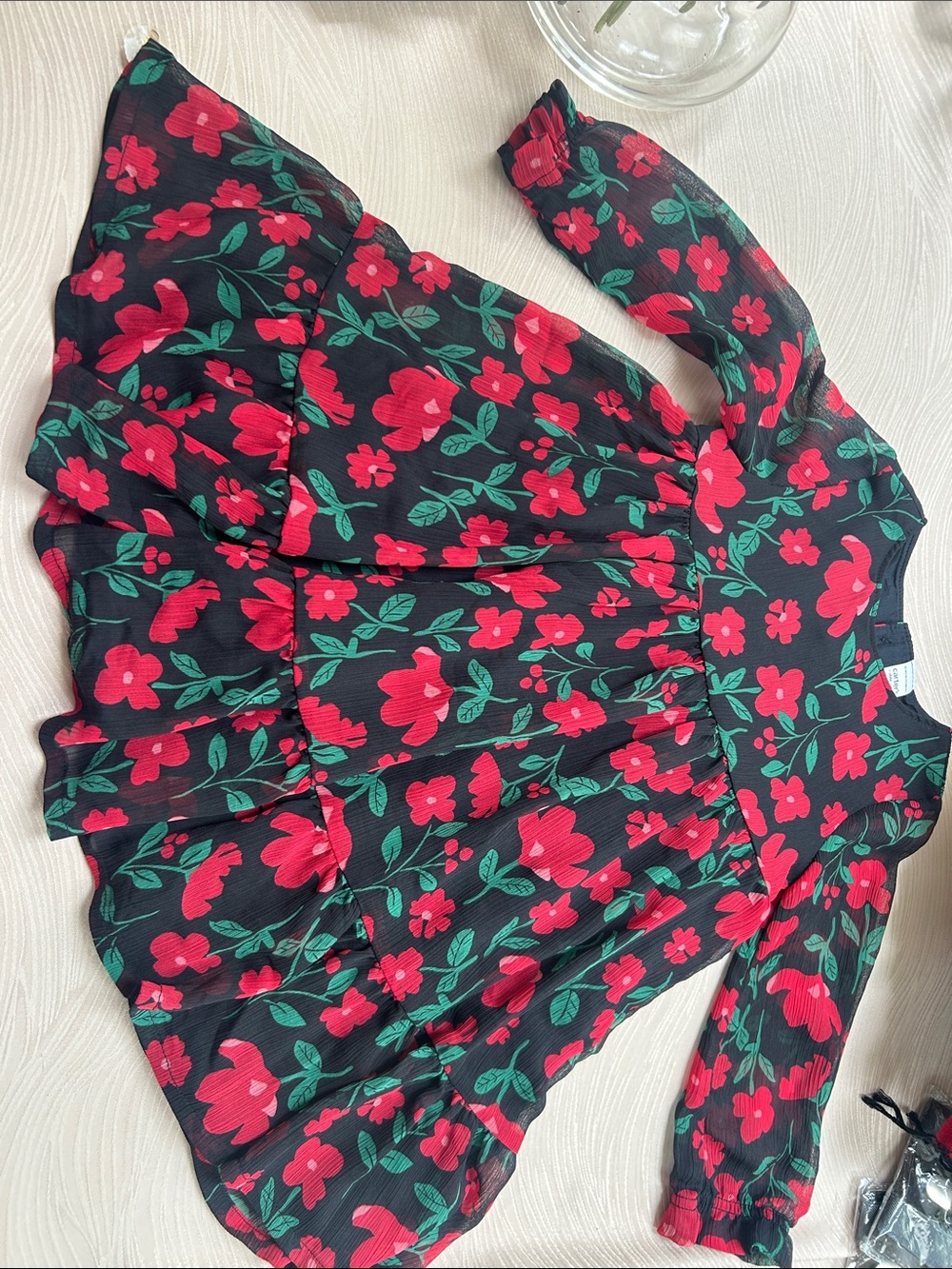 Carter's Black Long-Sleeve Floral Ruffle Tunic with Red and Green Print